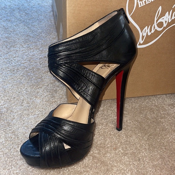 CHRISTIAN LOUBOUTIN Bandra 140 Napa Black Leather Peep Toe Pump Sz 40 - Picture 4 of 16